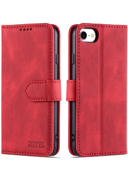 Şok Emilen Deri Telefon Kapağı+Yumuşak Tpu Iç Kabuk Cüzdan Stand Kılıfı Apple iPhone Se -Red (Yurt Dışından)