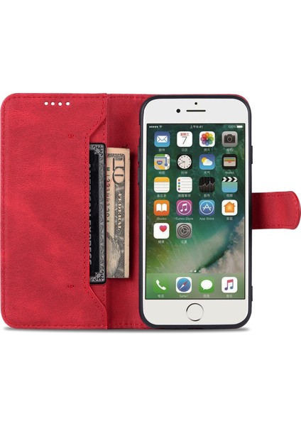 Şok Emilen Deri Telefon Kapağı+Yumuşak Tpu Iç Kabuk Cüzdan Stand Kılıfı Apple iPhone Se -Red (Yurt Dışından)