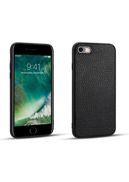 Litchi Doku Apple iPhone Se-Black Için Orijinal Deri Cilt Kaplamalı Tpu Telefon Kılıfı (Yurt Dışından)