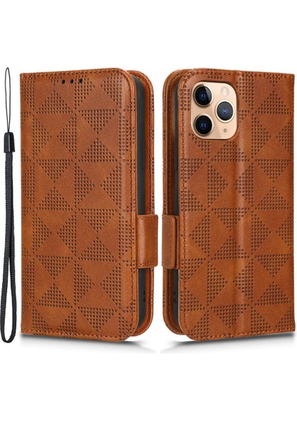 Apple iPhone 11 Pro Max, Üçgen Deseni Için Anti-Cratch Telefon Kılıfı, Strap-Brown ile Baskılı Folio Folio Flip Cüzdan Stand Pu Deri Kılıf (Yurt Dışından)