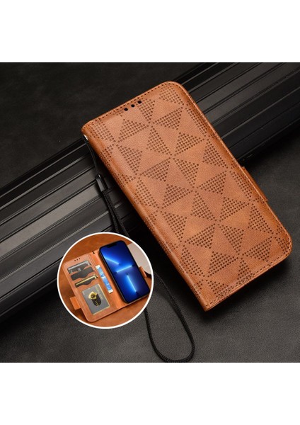 Apple iPhone 11 Pro Max, Üçgen Deseni Için Anti-Cratch Telefon Kılıfı, Strap-Brown ile Baskılı Folio Folio Flip Cüzdan Stand Pu Deri Kılıf (Yurt Dışından)