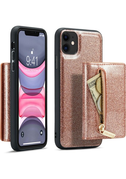 Apple iPhone 11 Fermuarı Pocket Magnicy Söndürülebilir 2-1 Arada Çıkarılabilir Telefon Kapağı Parıltılı Pu Deri Kaplamalı Pc+Tpu Kickstand Cüzdan Kılıfı Altın (Yurt Dışından)