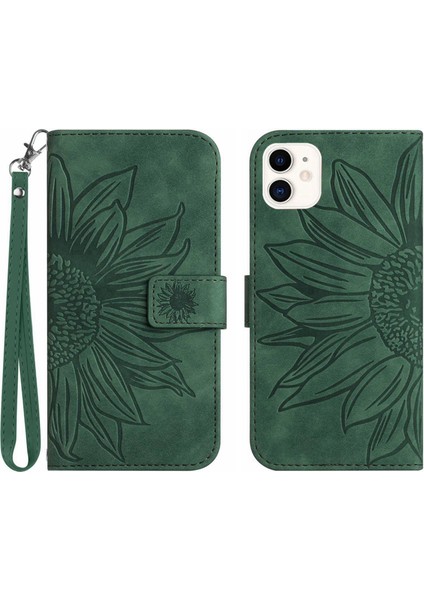 Apple iPhone 11 Için Cilt Touch Hissed Flip Telefon Kılıfı, Strap-Dark Yeşil ile Baskılı Ayçiçeği Anti-Drop Pu Deri Manyetik Cüzdan Kapağı (Yurt Dışından)