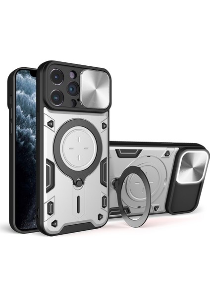 Apple iPhone 11 Pro Rotatable Kickstand Koruyucu Kapak Pc+Tpu Slide Camera Lid-Silver ile Telefon Kılıfı (Yurt Dışından)