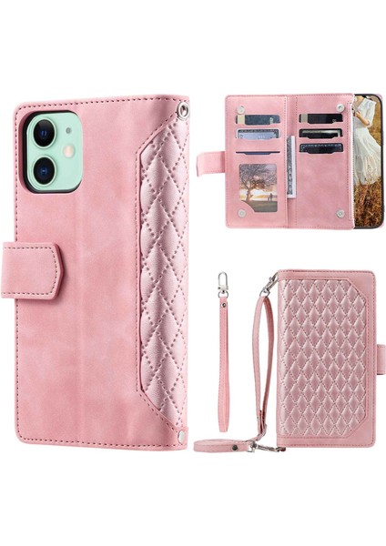 Apple iPhone 11 Için Damla Geçirmez Rhombus Doku Deri Deri Cüzdan Kapağı Stand Stand Zipper Cep Telefonu Kılıf Omuz Askısı ve El Kayışı (Yurt Dışından)