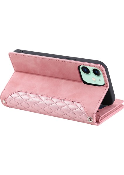 Apple iPhone 11 Için Damla Geçirmez Rhombus Doku Deri Deri Cüzdan Kapağı Stand Stand Zipper Cep Telefonu Kılıf Omuz Askısı ve El Kayışı (Yurt Dışından)
