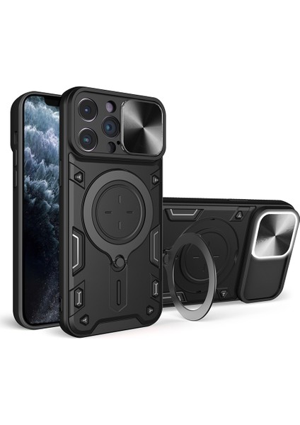 Apple iPhone 11 Pro Max Slide Kamera Kapağı Damla Geçirmez Kapak Döner Kickstand Pc+Tpu Telefon Case Black (Yurt Dışından)