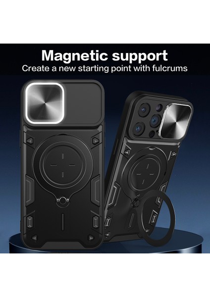 Apple iPhone 11 Pro Max Slide Kamera Kapağı Damla Geçirmez Kapak Döner Kickstand Pc+Tpu Telefon Case Black (Yurt Dışından)