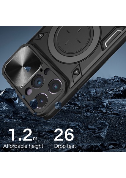 Apple iPhone 11 Pro Max Slide Kamera Kapağı Damla Geçirmez Kapak Döner Kickstand Pc+Tpu Telefon Case Black (Yurt Dışından)