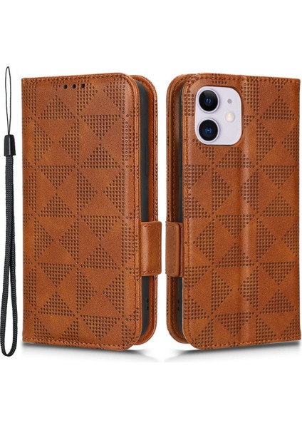 Apple iPhone 11 Için Baskılı Üçgen Desen Anti-Şok Anti-Flip Telefon Kılıfı Stand Cüzdan Pu Deri Kapak Kayış-Kahverengi (Yurt Dışından)