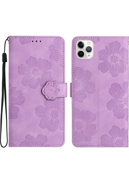 Apple iPhone 11 Pro Flowers Için Desen Flip Stand Telefon Kılıfı Pu Deri Cüzdan Şok Geçirmez Kapak-Mor (Yurt Dışından)