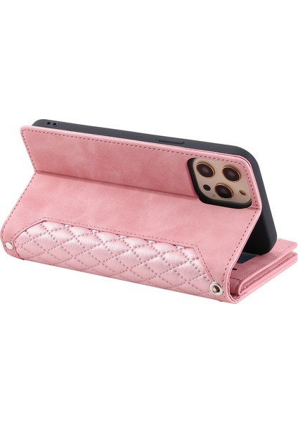 Apple iPhone 11 Pro, Rhombus Doku Pu Deri Deri Stand Cüzdan Kılıfı Bilek Kayışı Altın (Yurt Dışından)