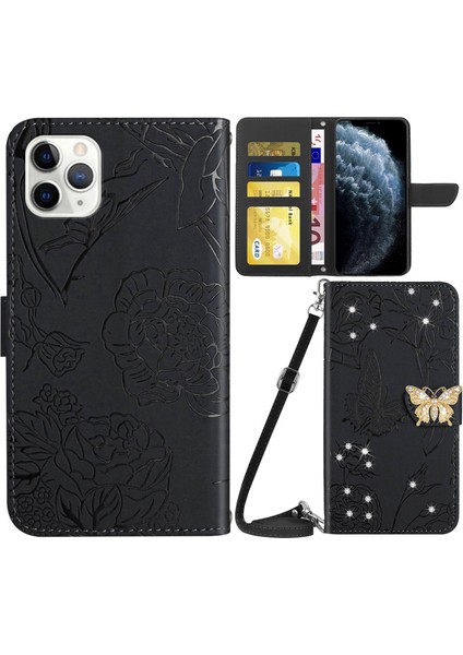 Apple iPhone 11 Pro Max Rhinestone Dekor Kelebekler Baskılı Telefon Kılıfı Cilt Touch Pu Deri Deri Stand Cüzdan Kabuğu Omuz Kayışı (Yurt Dışından)