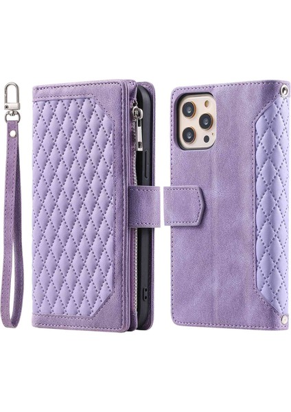Apple iPhone 11 Pro, Rhombus Doku Pu Deri Deri Stand Cüzdan Kılıfı Bilek Kayışı ile Fermuar Cep Telefonu Kapağı (Yurt Dışından)