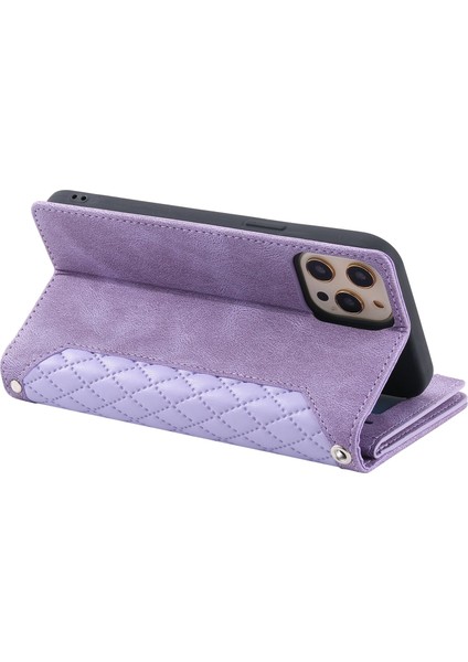 Apple iPhone 11 Pro, Rhombus Doku Pu Deri Deri Stand Cüzdan Kılıfı Bilek Kayışı ile Fermuar Cep Telefonu Kapağı (Yurt Dışından)