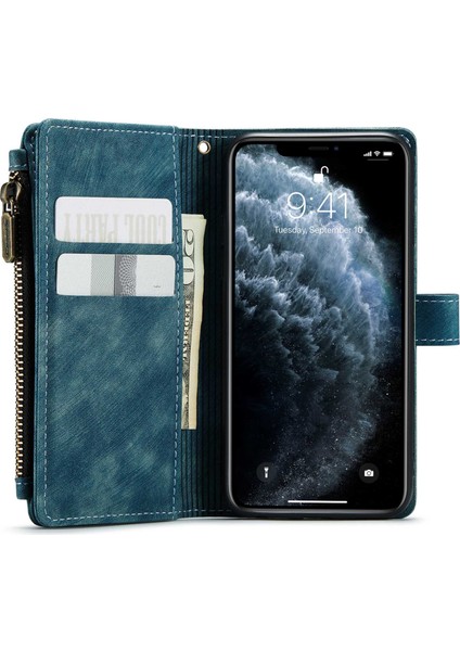 Apple iPhone 11 Pro Için, Çizilmeye Dayanıklı Fermuar Cep Tam Koruma Arka Kapak Standı Kullanışlı Kayış ve Çoklu Kart Yuvaları Mavisi (Yurt Dışından)