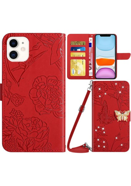 Rhinestone Dekoru Pu Deri Kapağı Apple iPhone 11 Butterflys Için Baskılı Stand Cüzdan Cilt Touch Telefon Kılıfı Omuz Kayışı (Yurt Dışından)