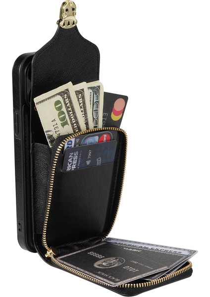 Apple iPhone 11 Pu Deri Kaplamalı Tpu Kart Yuvası Telefon Kılıf Kickstand Crossbody Fermuar Kapak Black (Yurt Dışından)