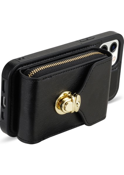 Apple iPhone 11 Pu Deri Kaplamalı Tpu Kart Yuvası Telefon Kılıf Kickstand Crossbody Fermuar Kapak Black (Yurt Dışından)