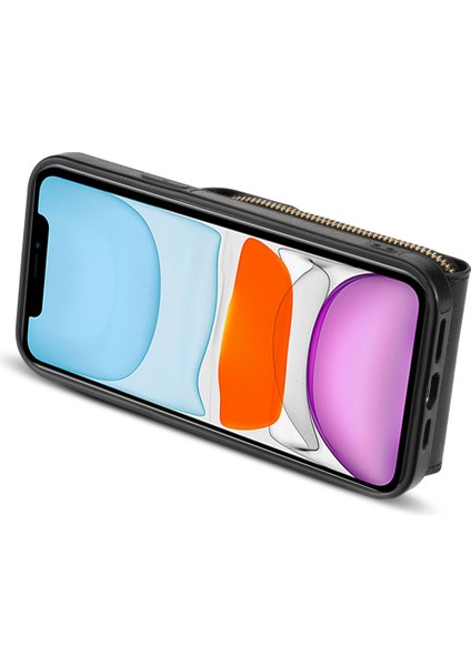Apple iPhone 11 Pu Deri Kaplamalı Tpu Kart Yuvası Telefon Kılıf Kickstand Crossbody Fermuar Kapak Black (Yurt Dışından)