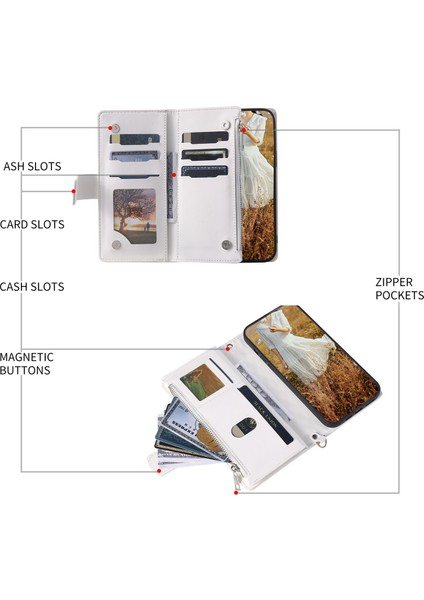 Apple iPhone 11 Için Profesyonel Çoklu Kart Yuvaları Rhombus Doku Pu Deri Fermuar Cep Stand Omuz Kayışı ve El Kayışı-Beyaz Telefon Kılıfı (Yurt Dışından)