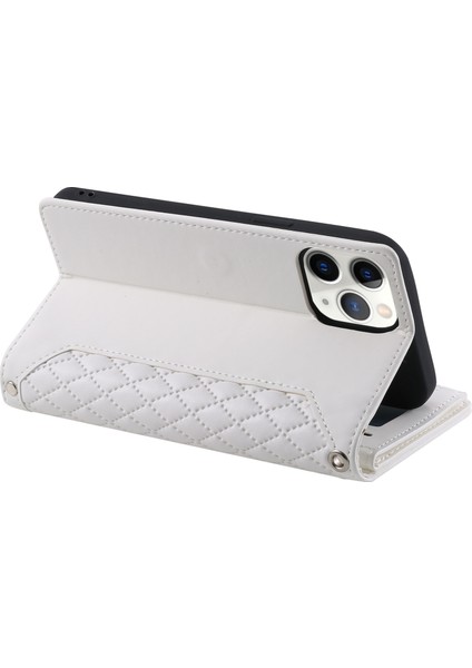 Apple iPhone 11 Için Profesyonel Çoklu Kart Yuvaları Rhombus Doku Pu Deri Fermuar Cep Stand Omuz Kayışı ve El Kayışı-Beyaz Telefon Kılıfı (Yurt Dışından)
