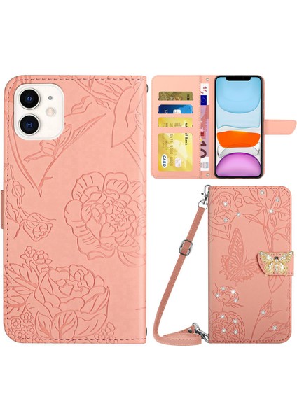 Rhinestone Dekoru Pu Deri Kapağı Apple iPhone 11 Butterflys Için Baskılı Stand Cüzdan Cilt Touch Telefon Kılıfı Omuz Kayışı (Yurt Dışından)