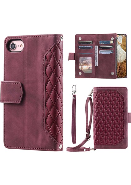 Apple iPhone 7/8 Stil Fermuarı Cep Renklemli Doku Doku Deri Cüzdan Omuz Kayışı ve El Kayışı Wine Red ile Telefon Kılıfı (Yurt Dışından)