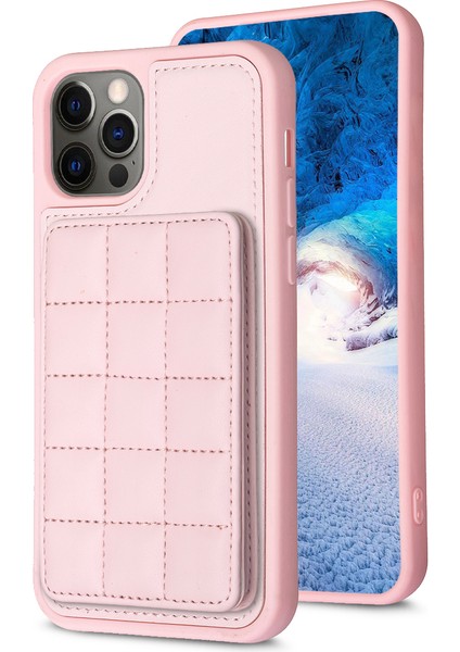 Apple iPhone 11 Için Izgara Tasarımı Pu Deri Kaplı Tpu Kasa Kartı Tutucu Kickstand Telefon Kapak-Pembe (Yurt Dışından)