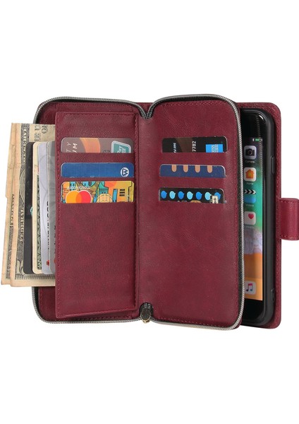 Apple iPhone 8/7 Ultra Yeterli Telefon Kabuğu Pu Deri Deri Cüzdan Telefon Kılıfı Stand Kapağı 9 Kart Yuvası ve Fermuarı Pocket-Wine Kırmızısı (Yurt Dışından) modelleri