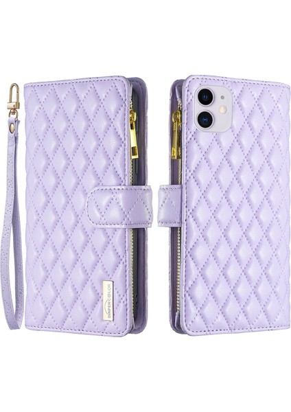 Apple iPhone 11 Için Baskılı Eşkenar Dörtgen Desen Fermuar Cep Tasarım Kapağı Standı Işlevi Folio Flip Mat Pu Deri Telefon Kasası Cüzdan (Yurt Dışından)