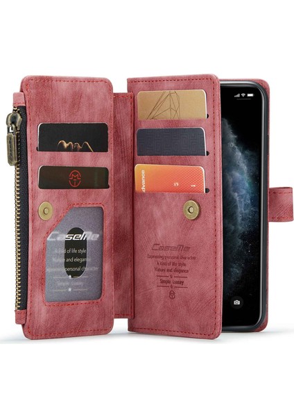 Apple iPhone 11 Pro Için, Çizik Dirençli Fermuar Cep Tam Koruma Arka Kapak Standı Kullanışlı Kayış ve Çoklu Kart Yuvaları-Kırmızı (Yurt Dışından)