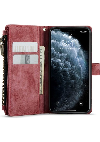Apple iPhone 11 Pro Için, Çizik Dirençli Fermuar Cep Tam Koruma Arka Kapak Standı Kullanışlı Kayış ve Çoklu Kart Yuvaları-Kırmızı (Yurt Dışından)
