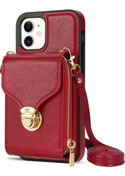 Apple iPhone 11 Pu Deri Kaplamalı Tpu Kart Yuvası Telefon Kılıf Kickstand Crossbody Fermuar Kapak Kırmızı (Yurt Dışından)