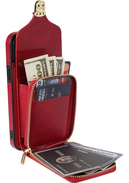 Apple iPhone 11 Pu Deri Kaplamalı Tpu Kart Yuvası Telefon Kılıf Kickstand Crossbody Fermuar Kapak Kırmızı (Yurt Dışından)