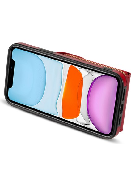 Apple iPhone 11 Pu Deri Kaplamalı Tpu Kart Yuvası Telefon Kılıf Kickstand Crossbody Fermuar Kapak Kırmızı (Yurt Dışından)