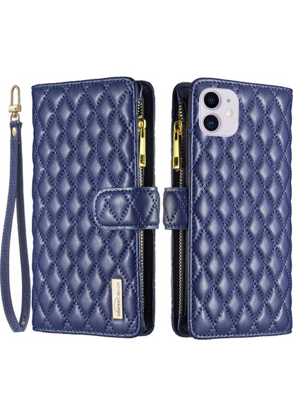 Apple iPhone 11 Için Baskılı Eşkenar Dörtgen Desen Fermuar Cep Tasarım Kapağı Standı Işlevi Folio Flip Mat Pu Deri Telefon Kasası Cüzdan (Yurt Dışından)