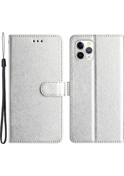 Apple iPhone 11 Için Flip Kılıfı Maksimum Ipek Doku Pu Deri Deri Deri Deri Telefon Katlanabilir Stand Kapağı Bilek Kayış-Silver (Yurt Dışından)