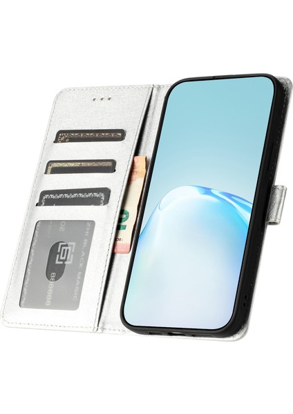 Apple iPhone 11 Için Flip Kılıfı Maksimum Ipek Doku Pu Deri Deri Deri Deri Telefon Katlanabilir Stand Kapağı Bilek Kayış-Silver (Yurt Dışından)