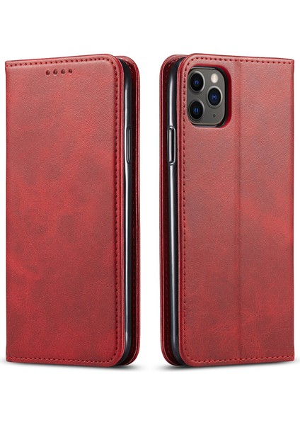 Apple iPhone 11 Pro Telefon Standı Için Işletme Stili Buzağı Doku Cüzdan Manyetik Deri Telefon Kapak-Kırmızı (Yurt Dışından)