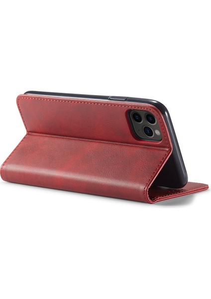 Apple iPhone 11 Pro Telefon Standı Için Işletme Stili Buzağı Doku Cüzdan Manyetik Deri Telefon Kapak-Kırmızı (Yurt Dışından)