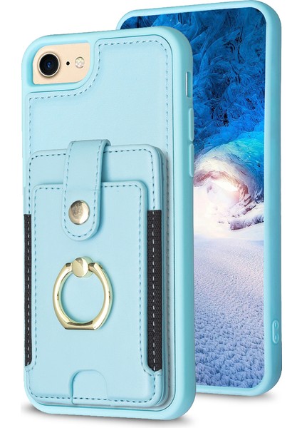 Apple iPhone 6/6s Inç Pu Deri+Tpu Telefon Kasası Yüzüğü Kickstand Arka Kapak Kart Tutucu-Mavisi (Yurt Dışından)
