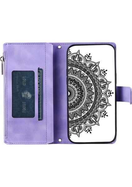 Apple iPhone 11 Için Mandala Baskılı Pu Deri Telefon Kapağı Birden Ferans Yuvası ile Katlanabilir Stand Zipper Cep Cüzdan Kılıfı (Yurt Dışından)