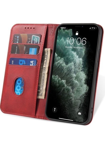 Apple iPhone 11 Için Pro Max Buzağı Dokusu Telefon Kabuğu Cüzdan Telefon Kapağı Otomatik Emici Deri Standı Kılıf Kırmızısı (Yurt Dışından)