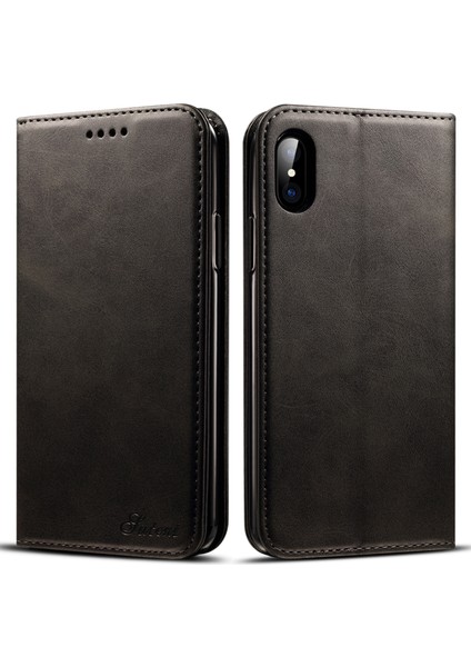 Apple iPhone X/xs Telefon Kılıfı Suteni Folio Flip Dokulu Yüzey Manyetik Kapanış Cüzdan Deri Koruyucu Kılıf Kara (Yurt Dışından)