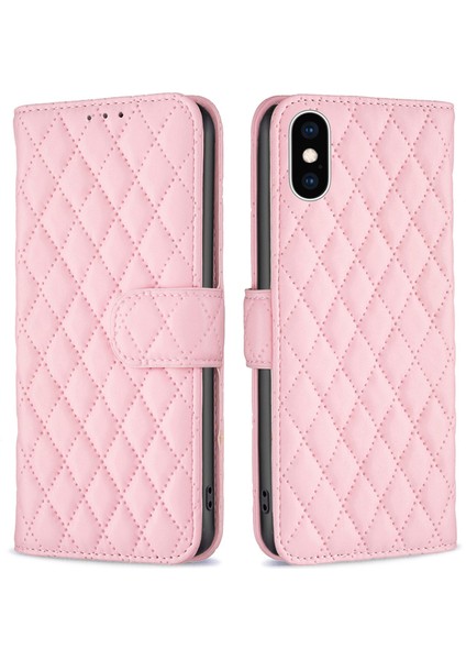 Apple iPhone Xs Maks Telefon Kılıf Cüzdan Kapağı, Bf Style-14 Baskılı Rhombus Desen Genel Kapsama Standı Mat Pu Deri Kılıf Pembe (Yurt Dışından)