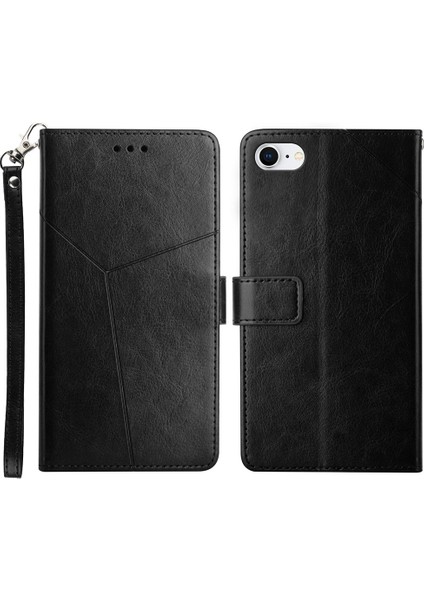 Şok Geçirmez Y Şeklindeki Çizgi Baskılayan Pu Deri Telefon Cüzdanı Kabuk Stant Örtüsü Apple iPhone Se -Black (Yurt Dışından)