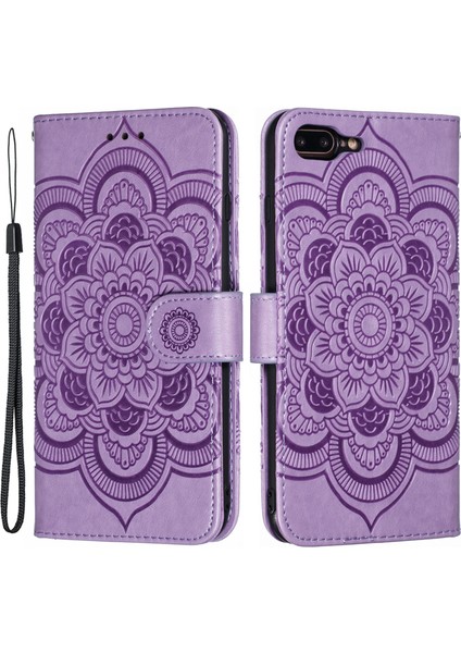 Mandala Çiçek Cüzdanı Stand Flip Deri Kılıfı Apple iPhone 8 Plus/7 Plus-Purple Için Kayışla (Yurt Dışından)
