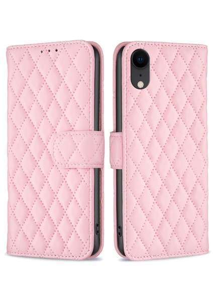 Apple iPhone Xr Bf Style-14 Için Kapak Baskılı Rhombus Desen Mat Drop Anti-Drop Telefon Kılıfı Stand-Pink ile (Yurt Dışından)