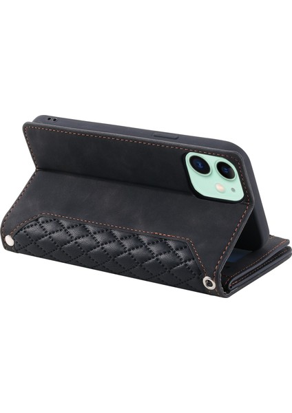 Apple iPhone 11 Için Damla Geçirmez Rhombus Doku Deri Deri Cüzdan Kapağı Stand Stand Zipper Cep Telefonu Kılıf Omuz Askısı ve El Kayışı (Yurt Dışından)